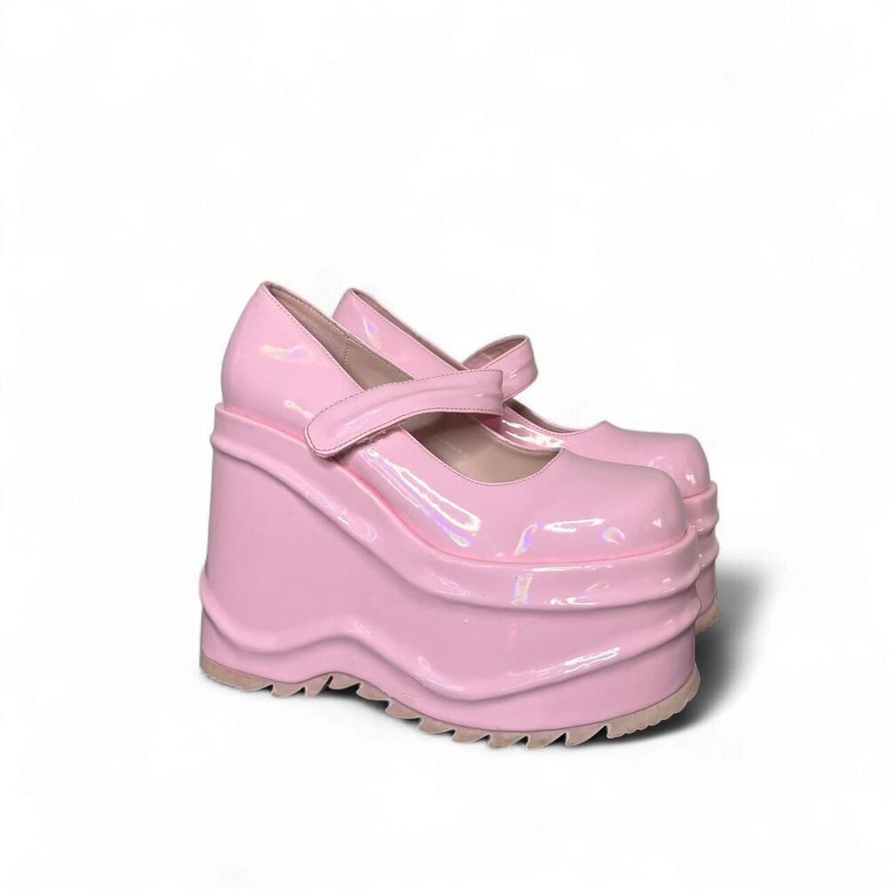 Demonia Wave 32 Chunky Platform Mary Jane’s in Baby Pink Patent Pastel Goth